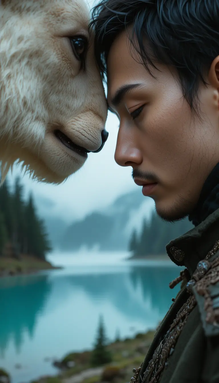 Extreme close up portrait of woman nuzzling wild animal