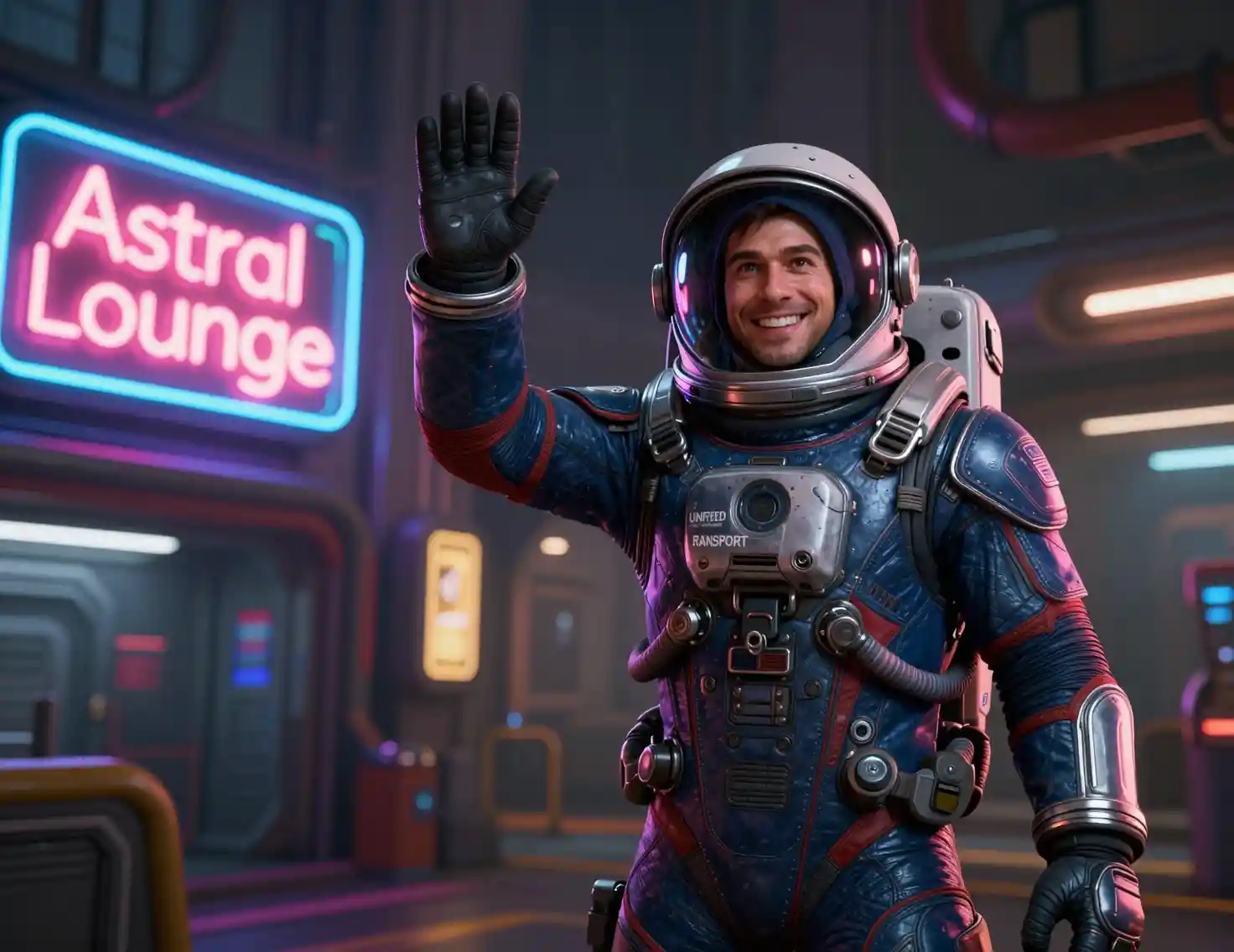 Friendly astronaut waving in a neon lit futuristic city