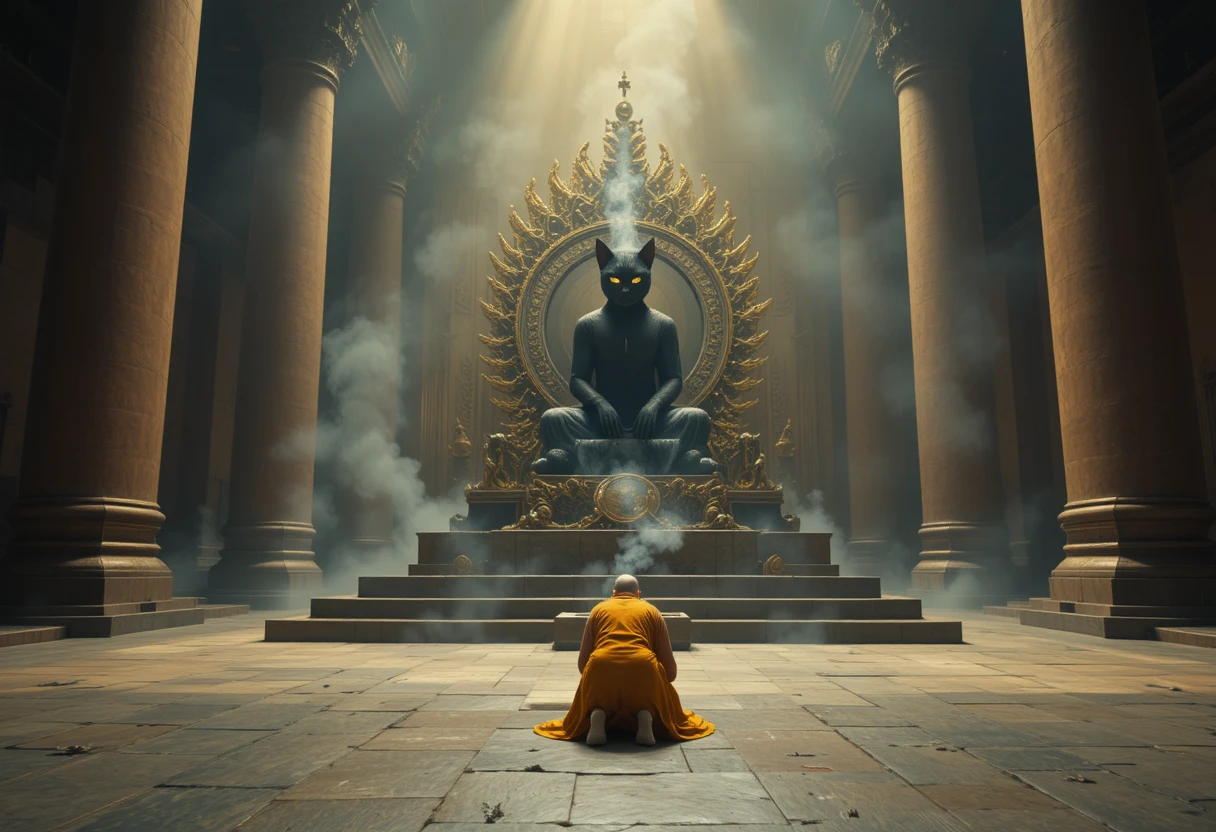 Demonic black cat on golden throne in vast temple