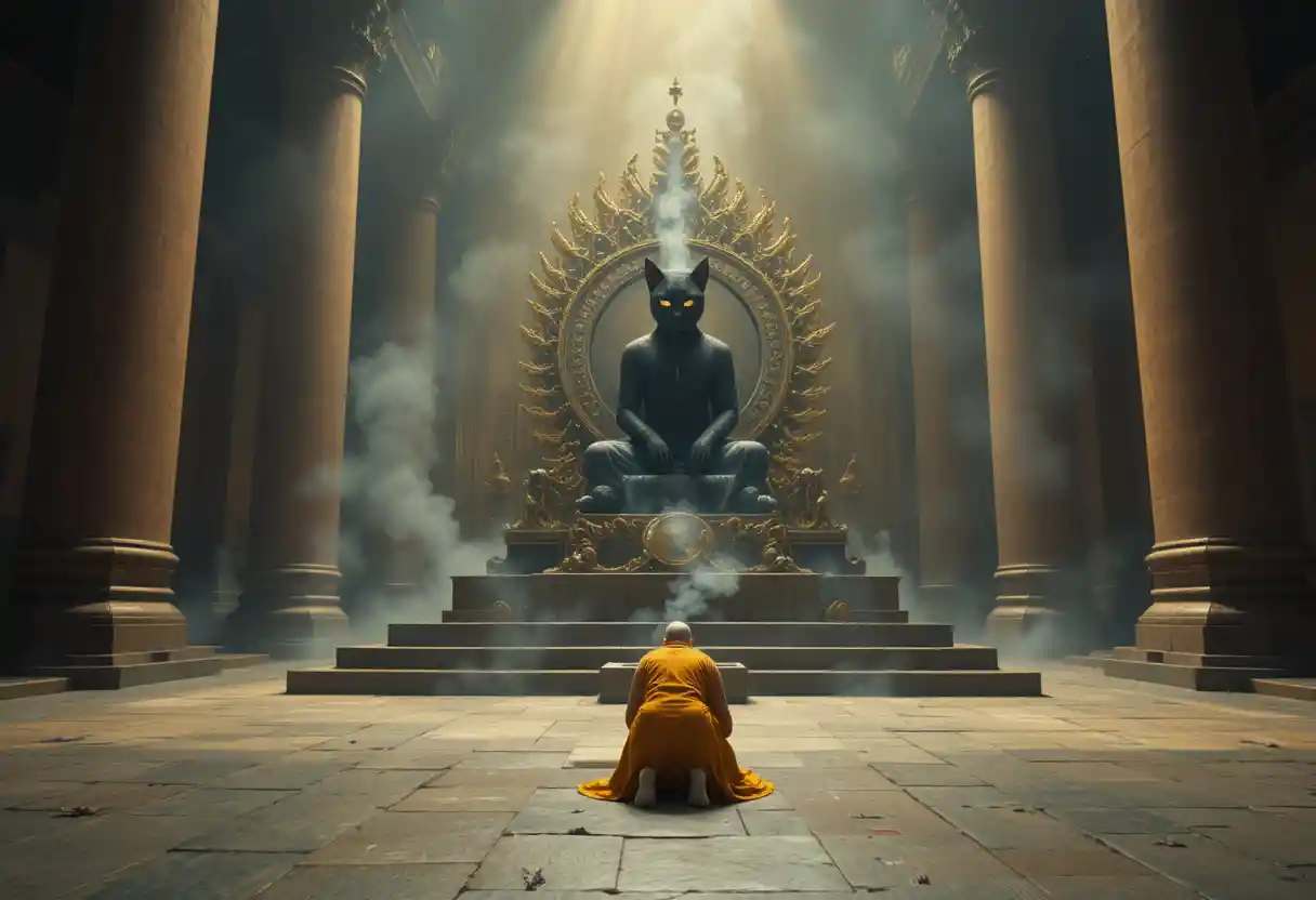 Demonic black cat on golden throne in vast temple