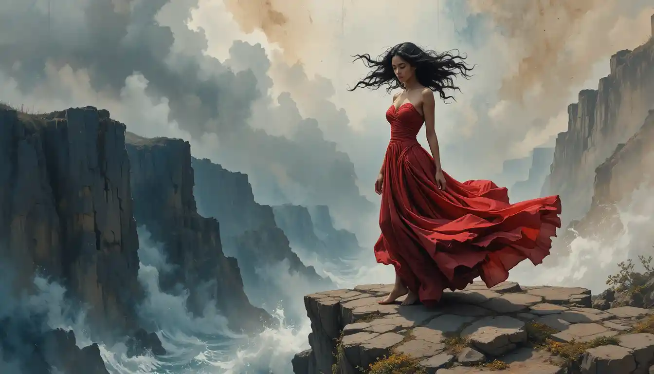 Woman in crimson dress standing on a rugged cliff edge
