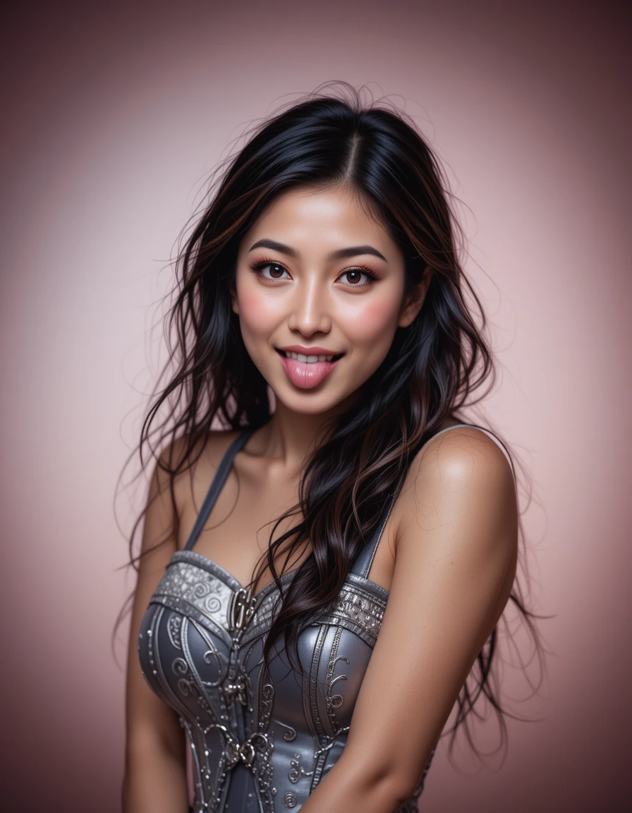 Playful portrait of a young woman in silver corset