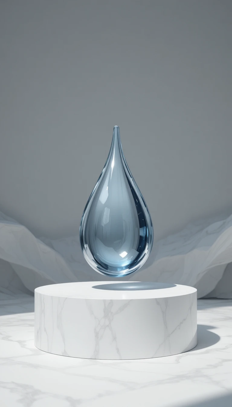 Podio minimalista con objeto metálico en forma de gota levitando