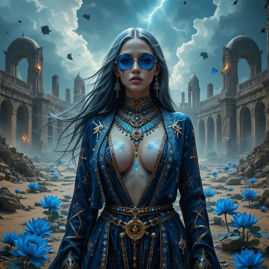 Surreal techno queen in ruined desert observatory beneath storms