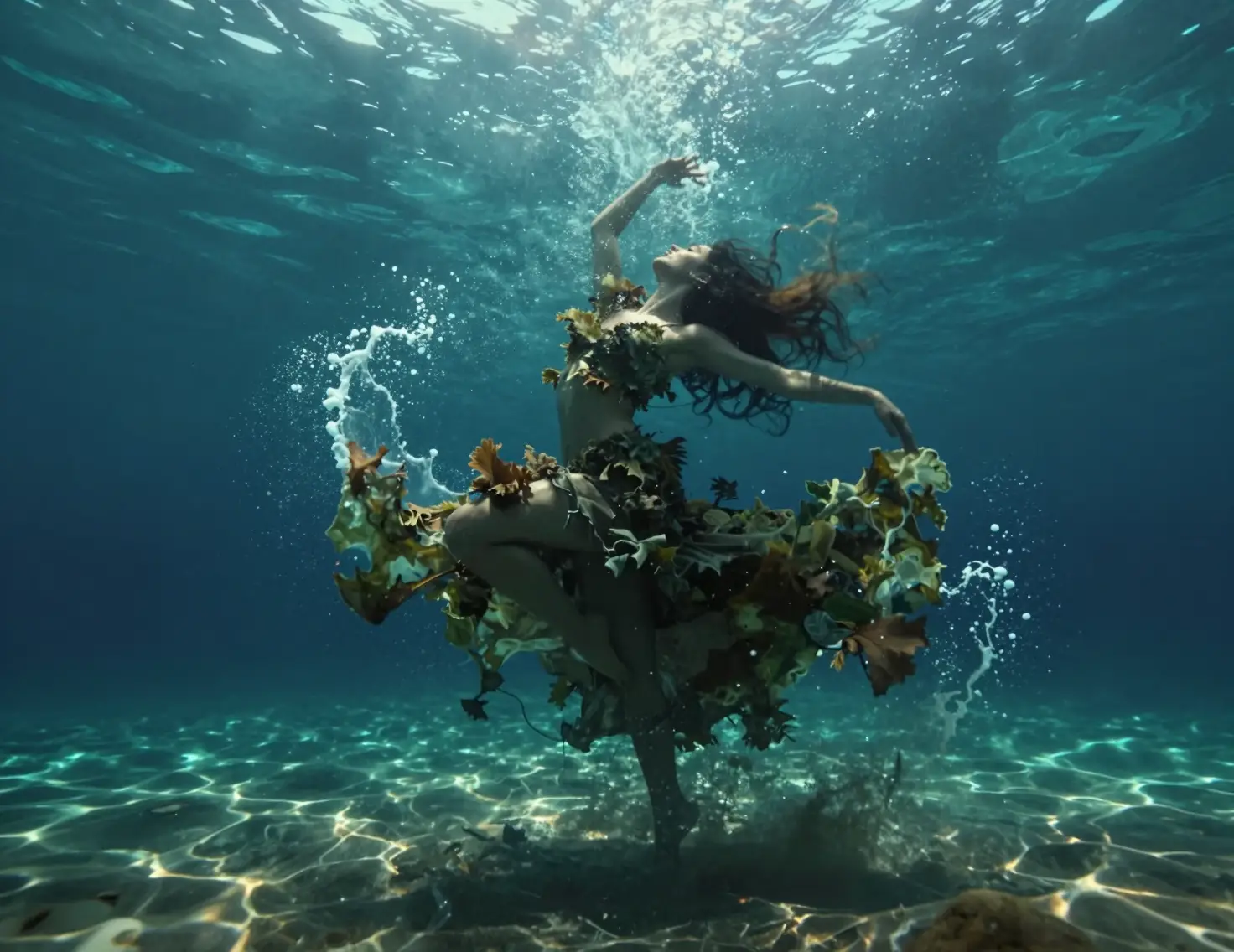 Dancer Blending With Sea Foam In A Dreamlike Ocean