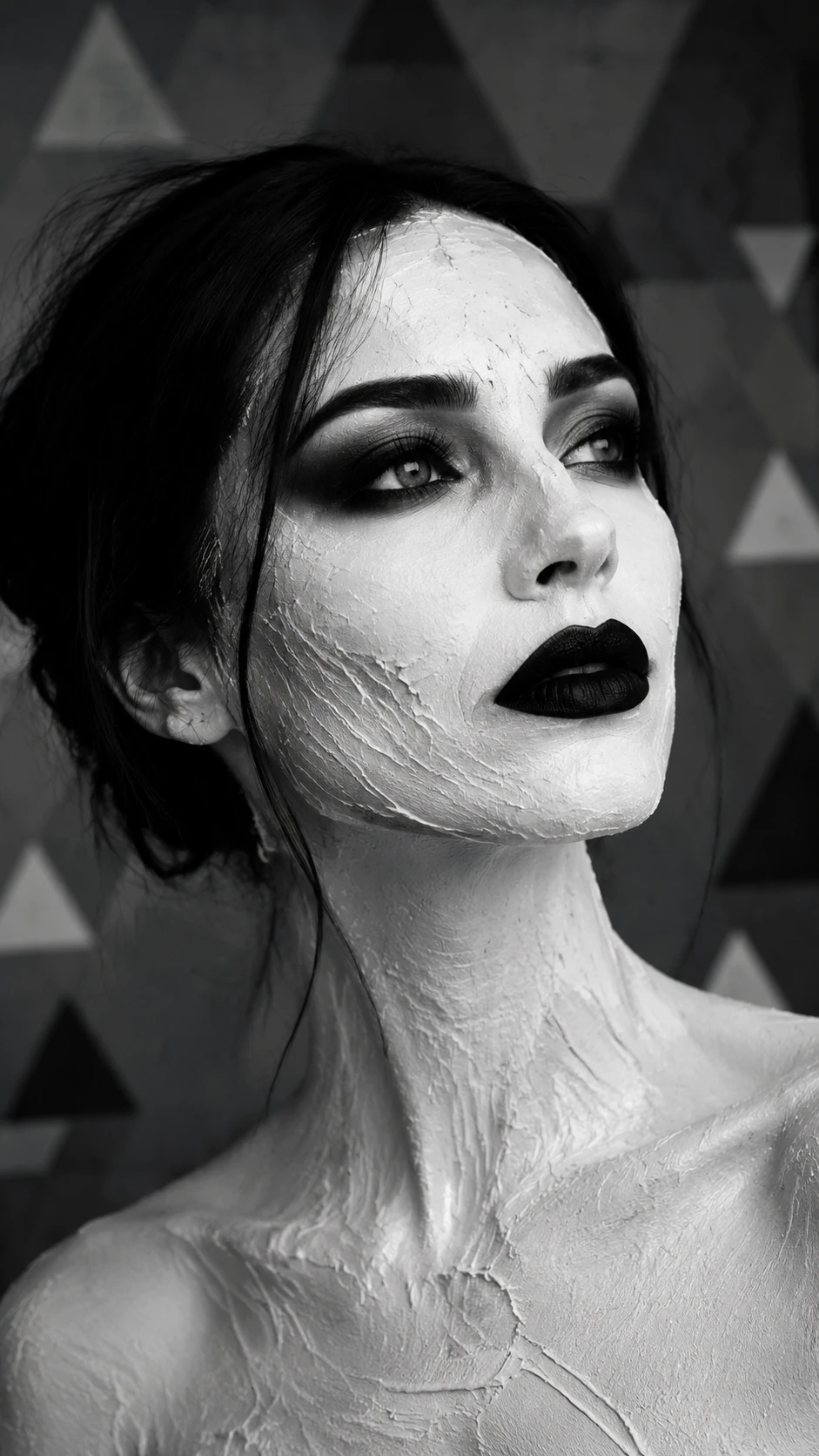 Black and white close up portrait of a serene woman