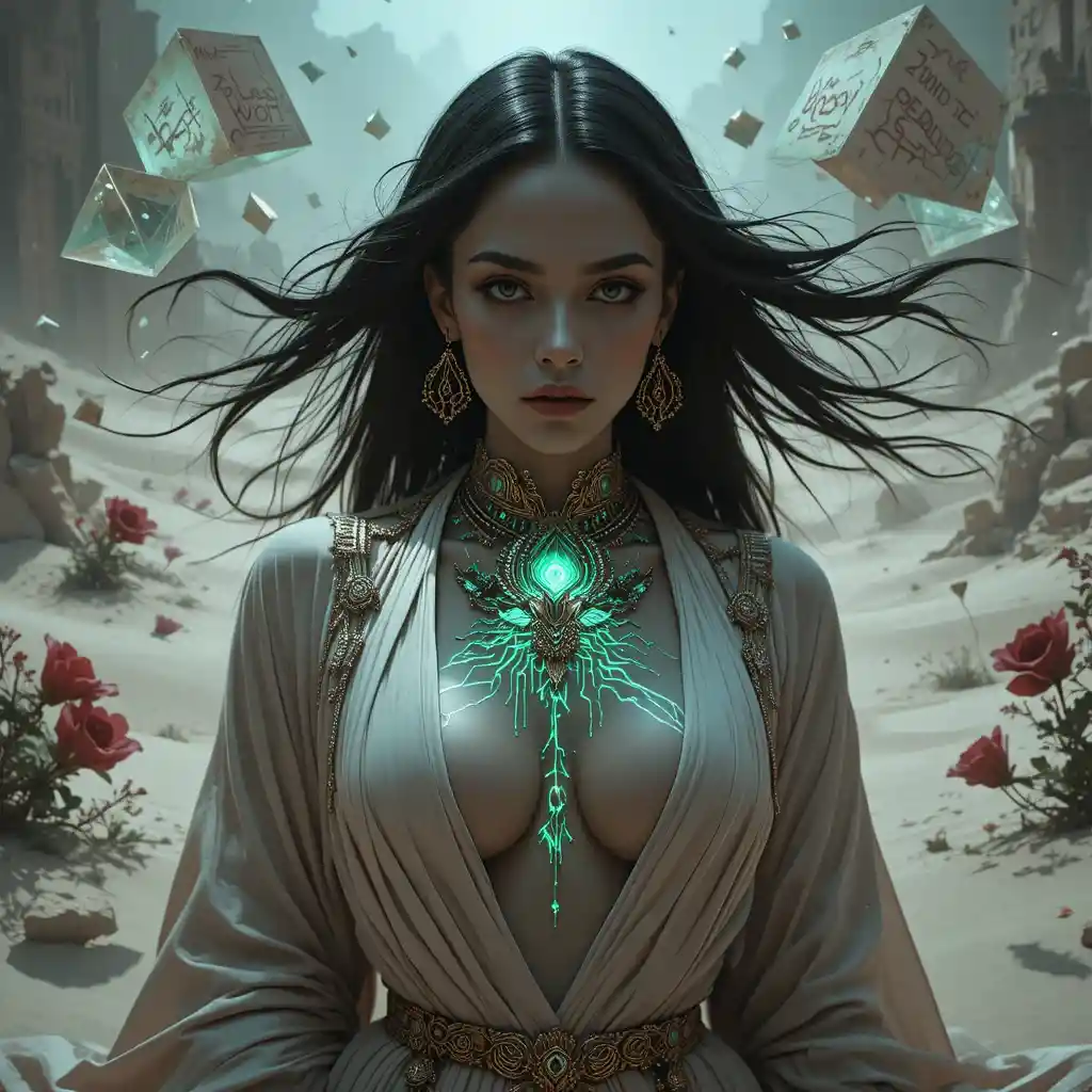 Cyberpunk desert sorceress in surreal monochrome portrait