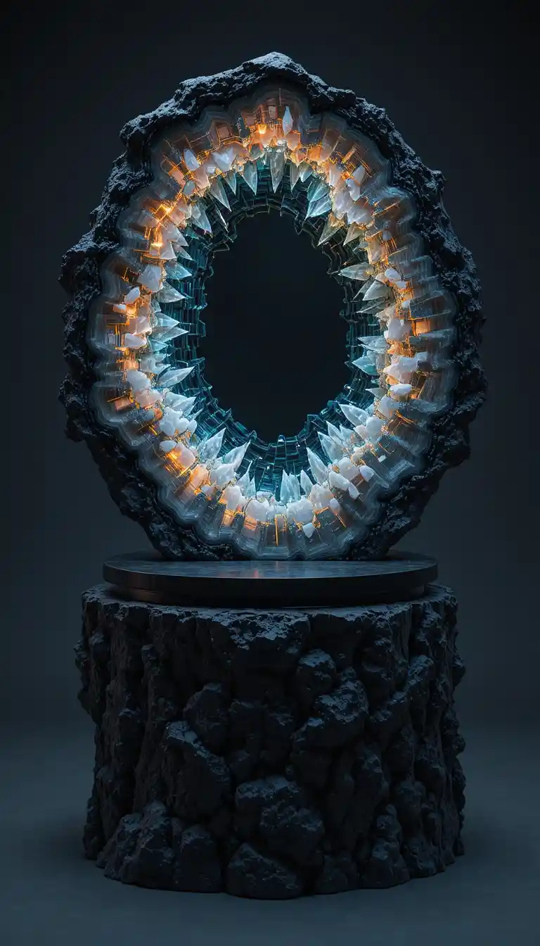 Futuristic geode podium with circuit crystal interior