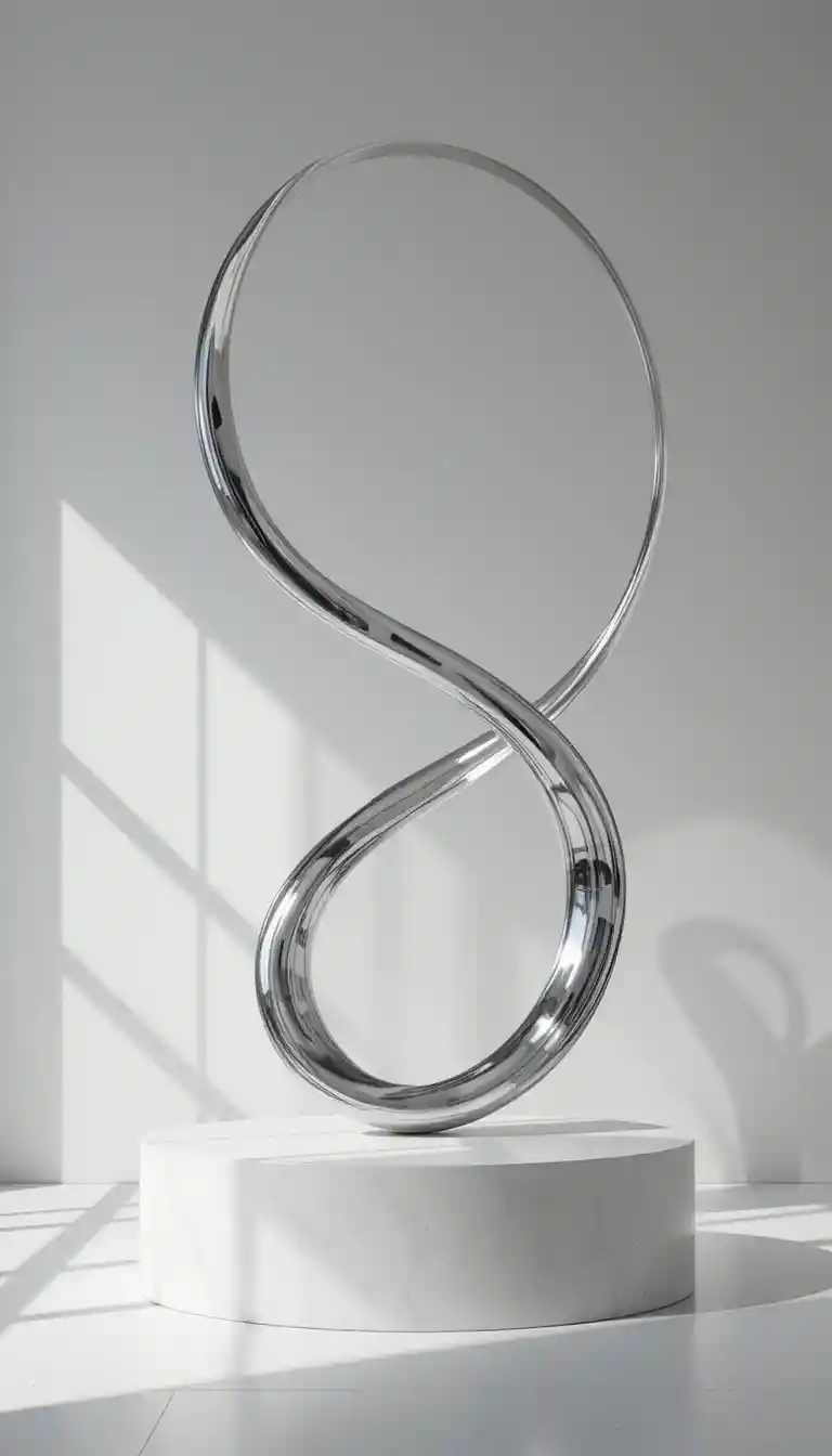Chrome ribbon kinetic sculpture podium in minimal showroom