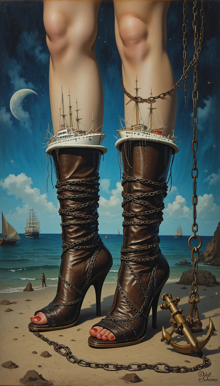 Surreal ships shaped like chained high heeled boots