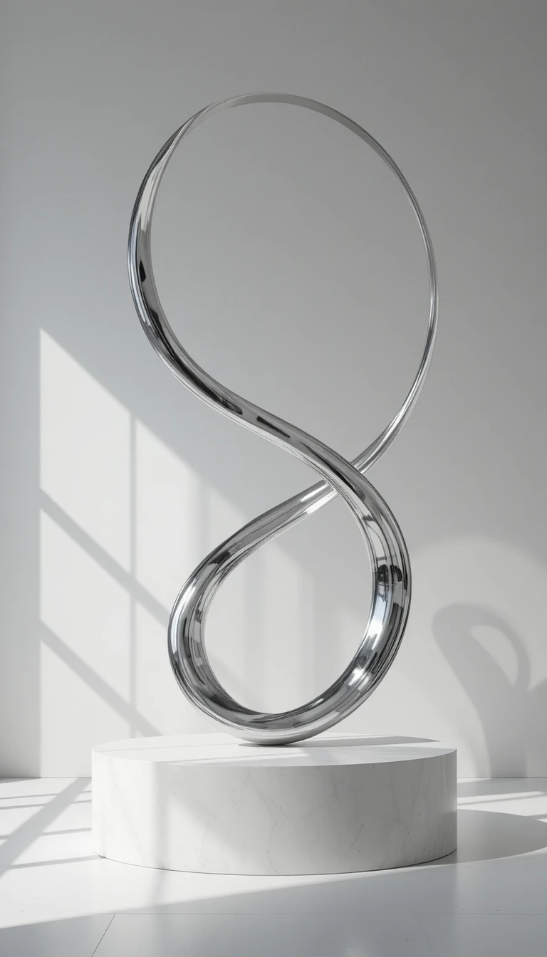 Chrome ribbon kinetic sculpture podium in minimal showroom