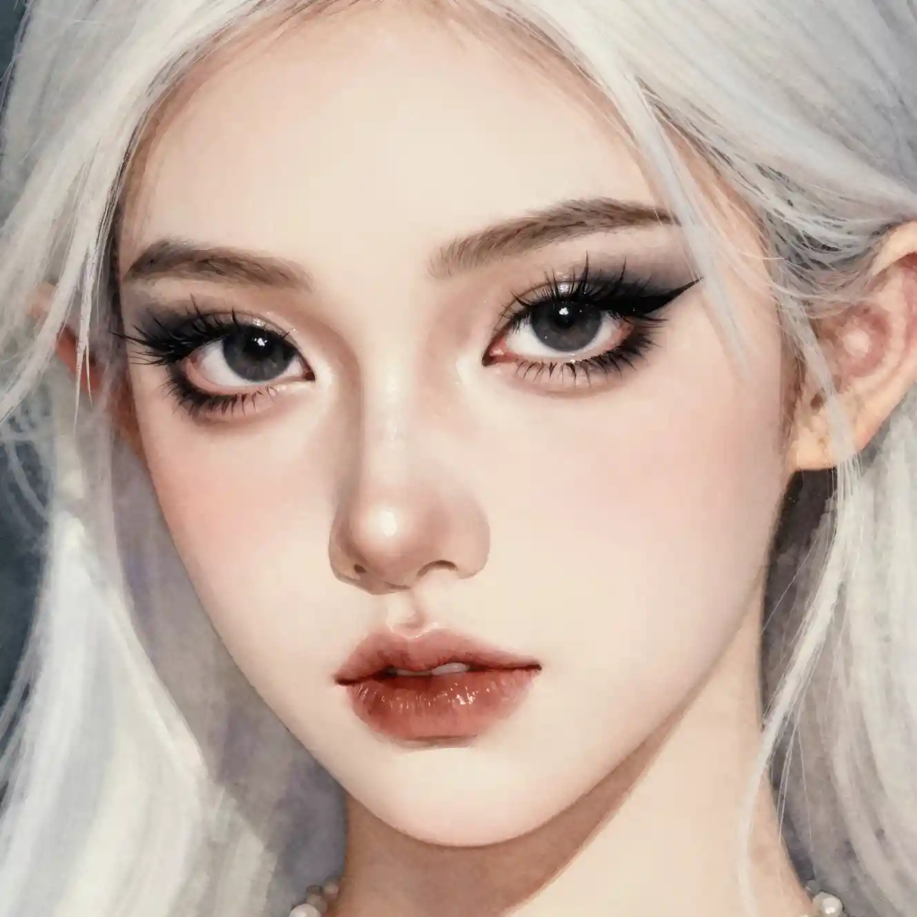 Extreme close up of a young tiefling woman with dark starry eyes
