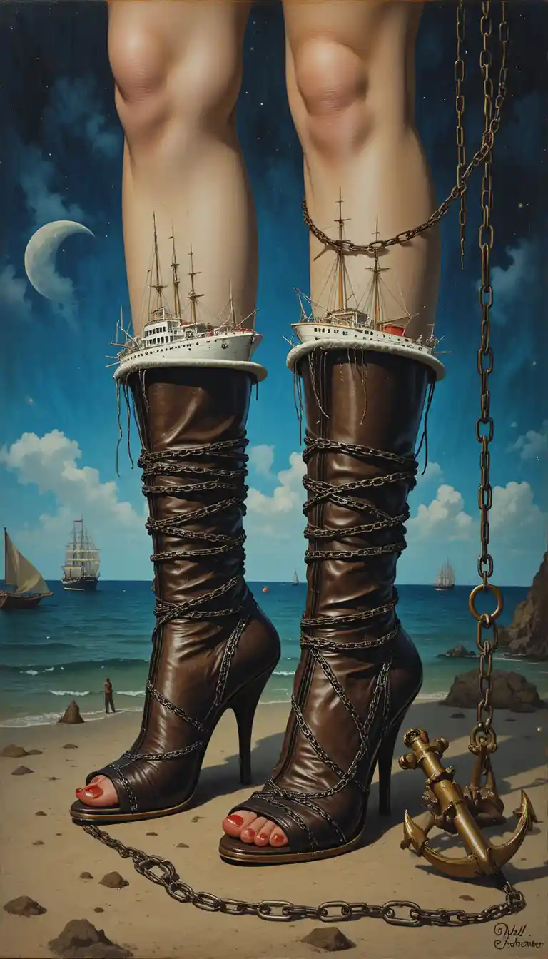 Surreal ships shaped like chained high heeled boots