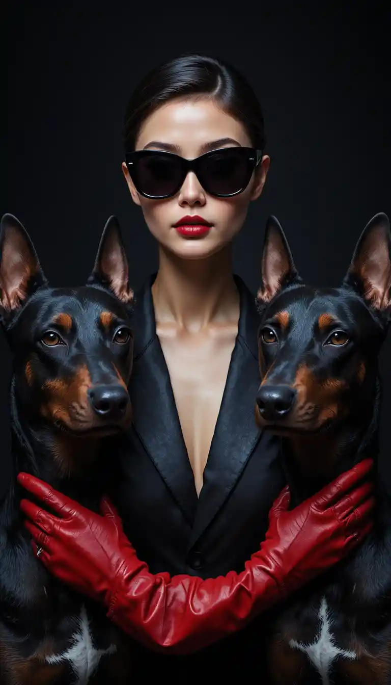 Elegant fashion woman with Dobermans in dark sunglasses