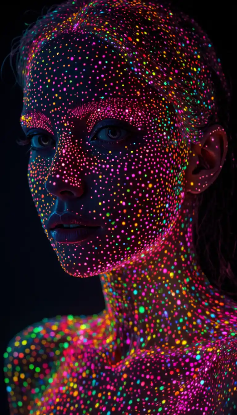 Neon dot body art portrait of a woman in darkness