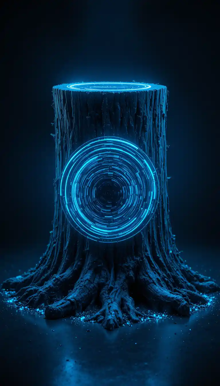 Futuristic Tree Stump With Neon Rings In Dark Studio