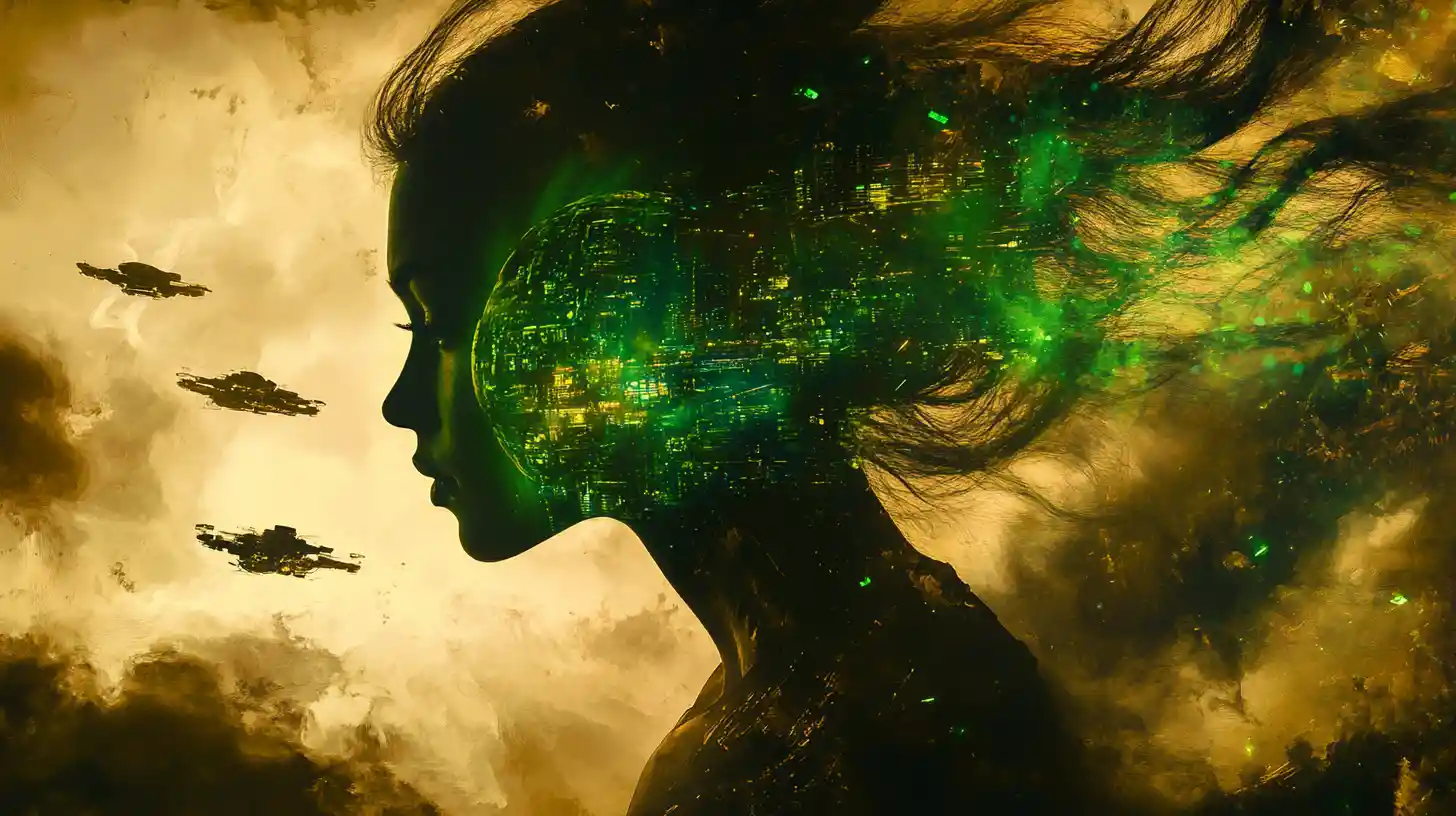 Himmlisches Göttinnen-Porträt mit Sci‑Fi-Stadtsilhouette