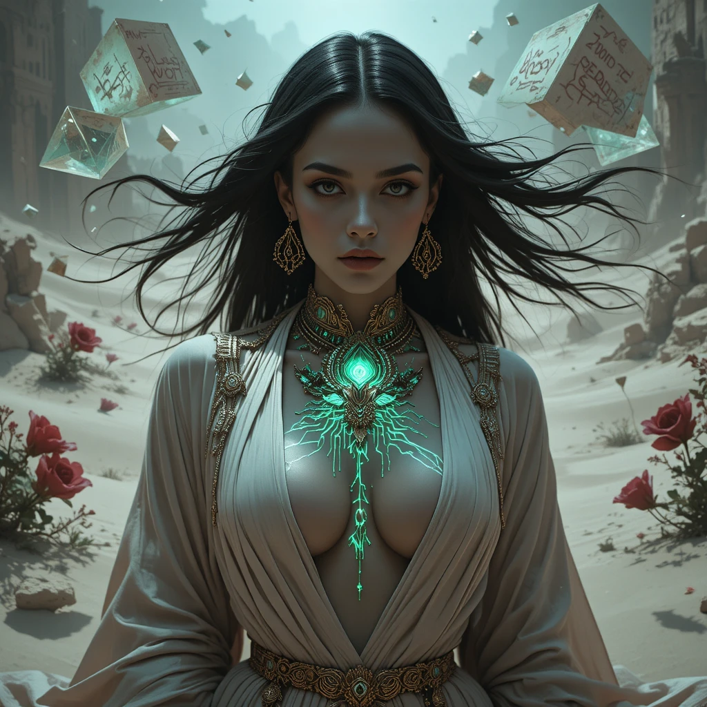 Cyberpunk desert sorceress in surreal monochrome portrait