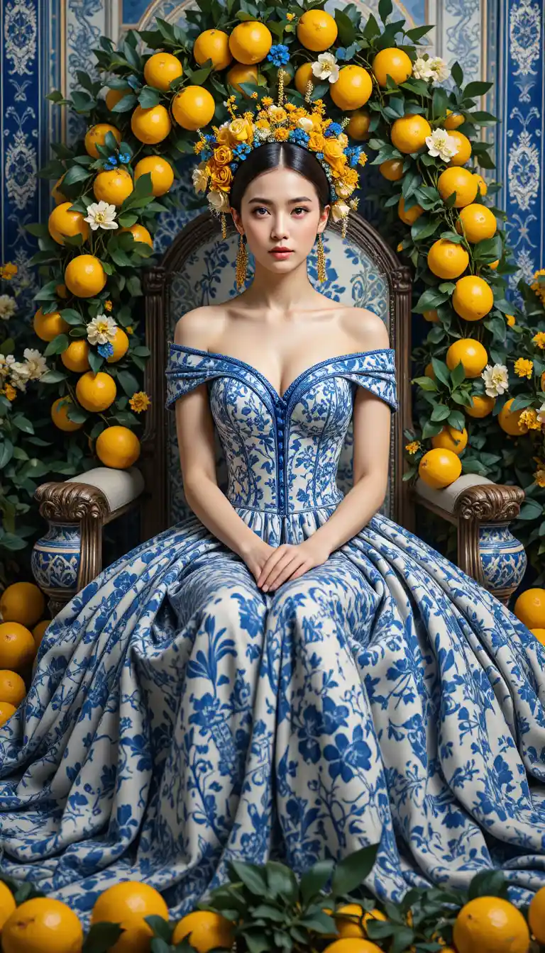 Elegant woman in lemon themed Mediterranean portrait scene