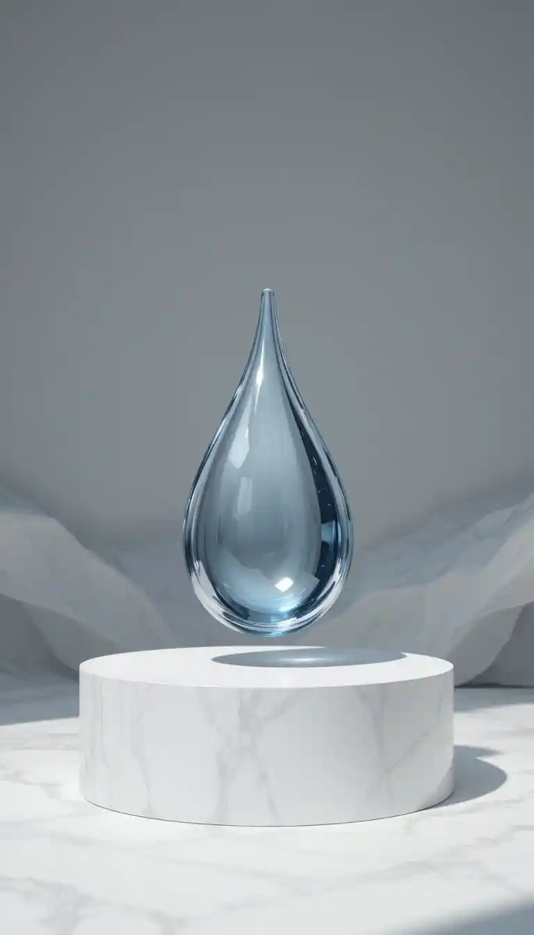 Minimalist podium with levitating metallic teardrop object