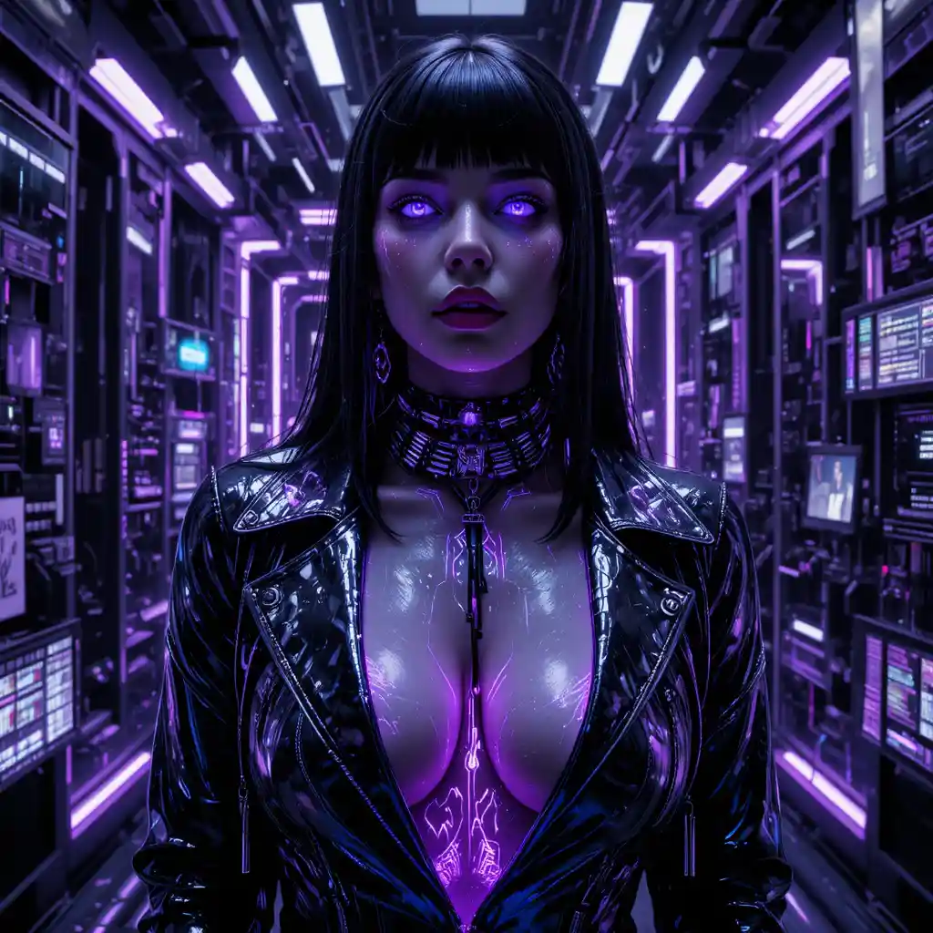 Cybernetic outlaw woman in fractured neon virtual reality