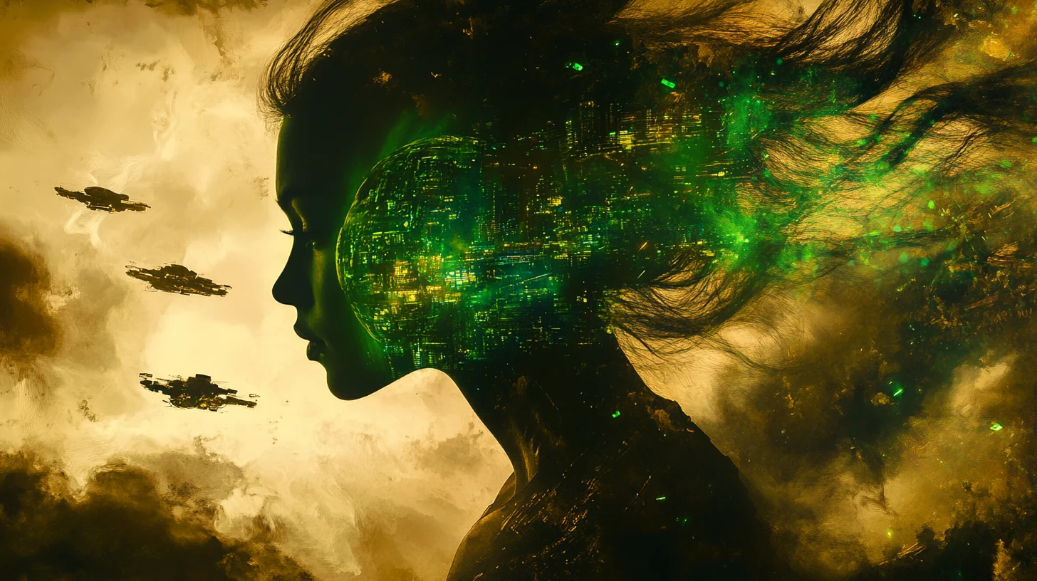 Celestial goddess portrait with sci fi city silhouette