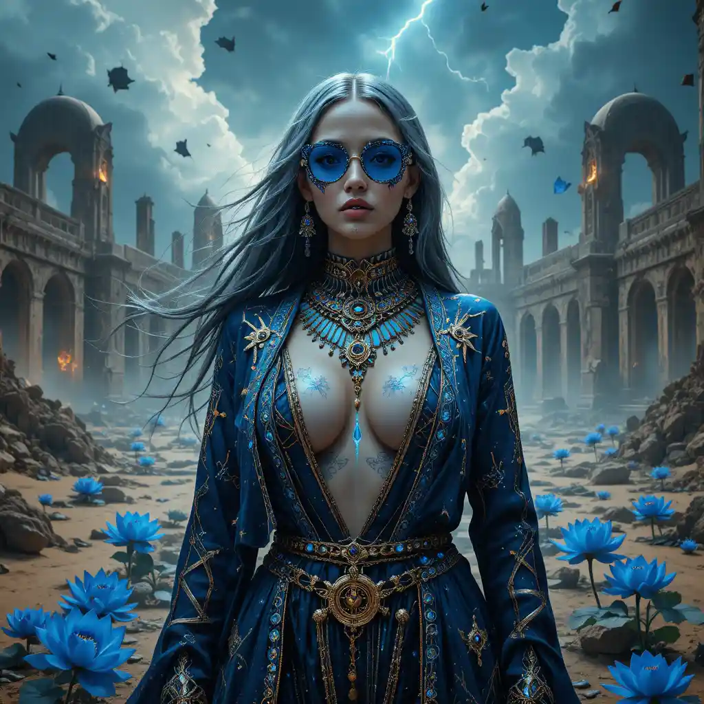 Surreal techno queen in ruined desert observatory beneath storms