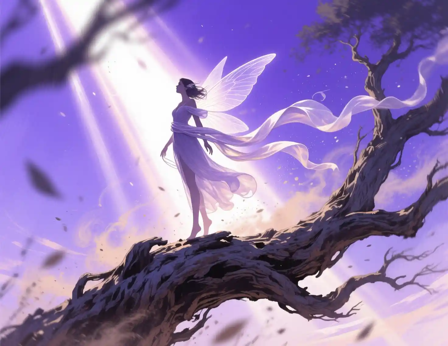 Fairy poised on twisted tree branch at violet twilight