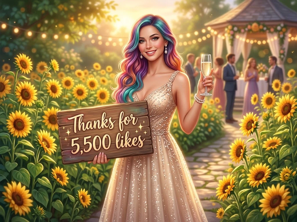 Woman in champagne dress in sunflower garden celebrating likes