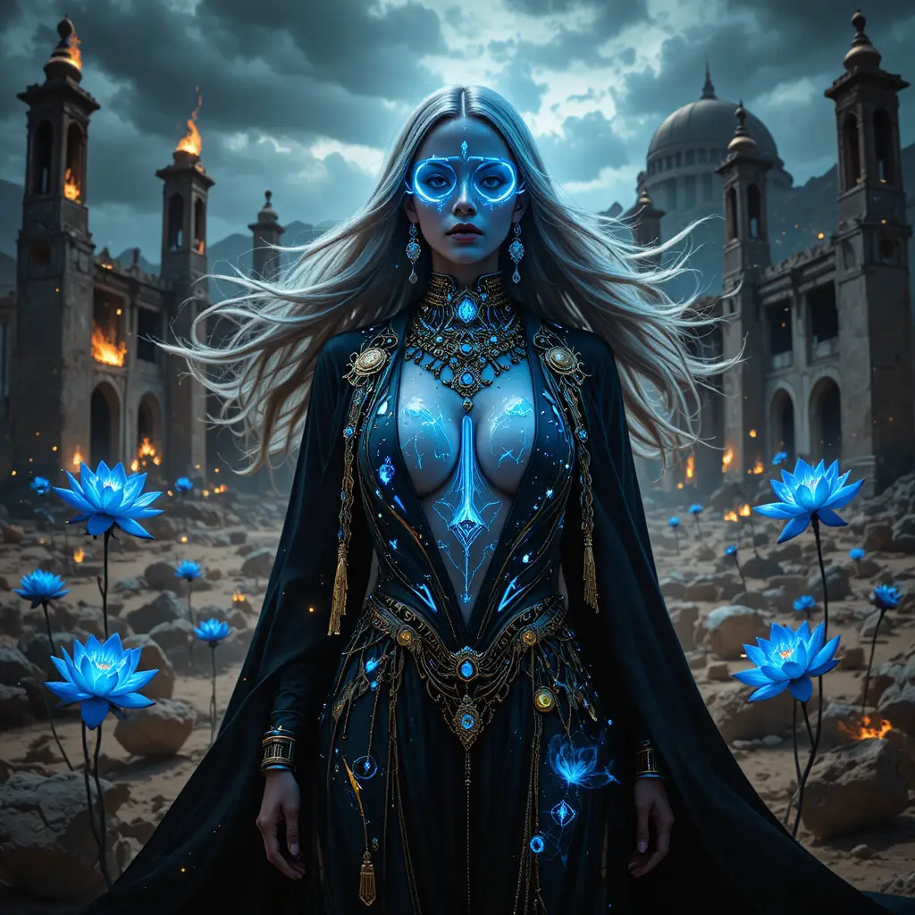 Surreal techno queen in a ruined desert observatory