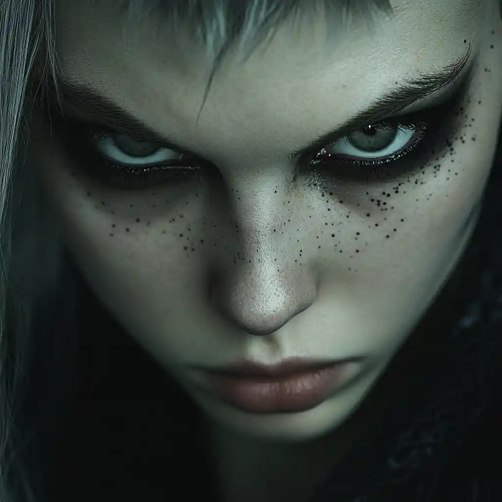 Close up portrait of a Nordic girl with black starry eyes