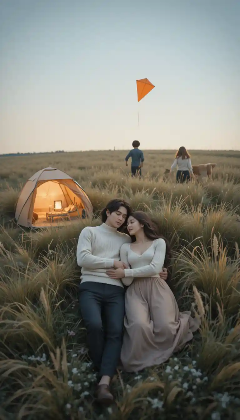 Young couple resting in tall grass from a top down view