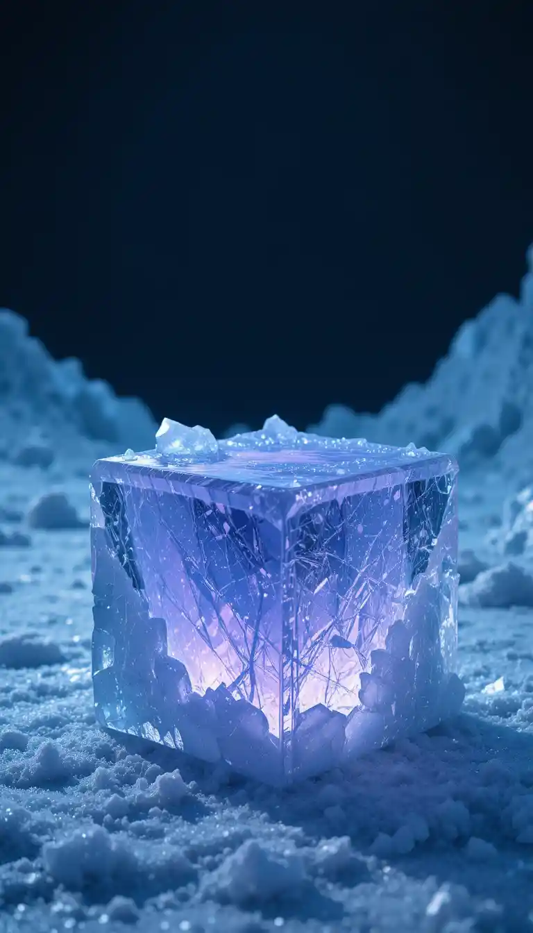 Glowing Geometric Ice Block With Purple Bioluminescent Core