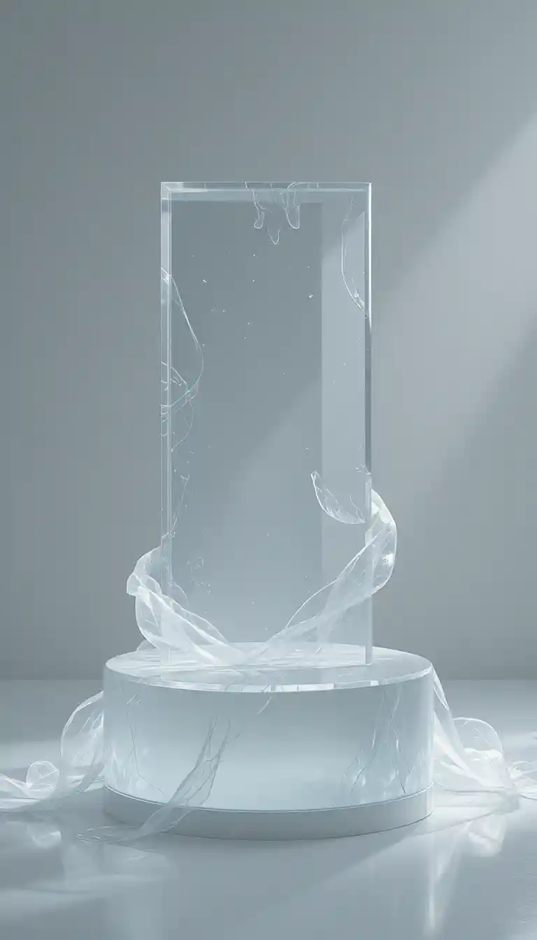 Invisible glass podium with subtle refraction on white background