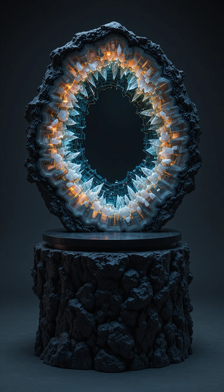 Podio geoda futurista con interior de cristal de circuitos