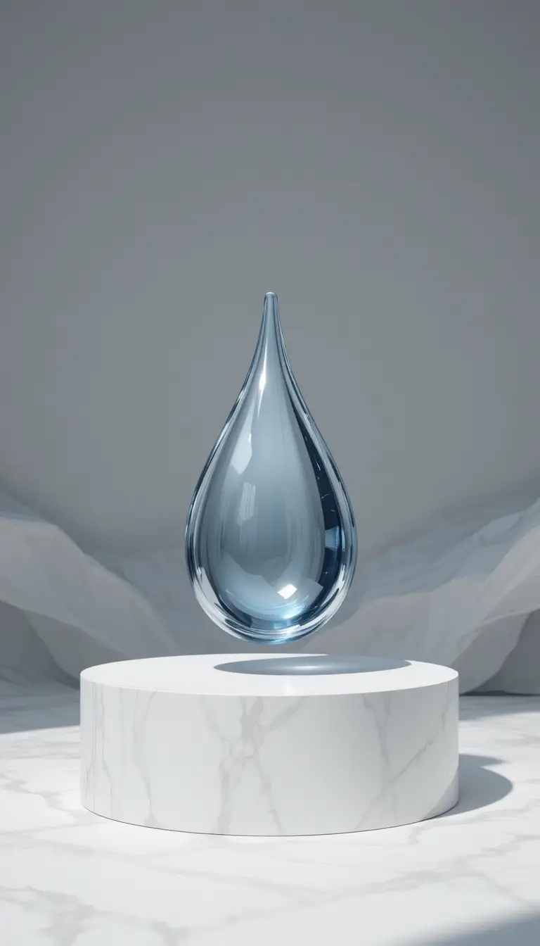 Pódio minimalista com objeto metálico em forma de gota flutuando