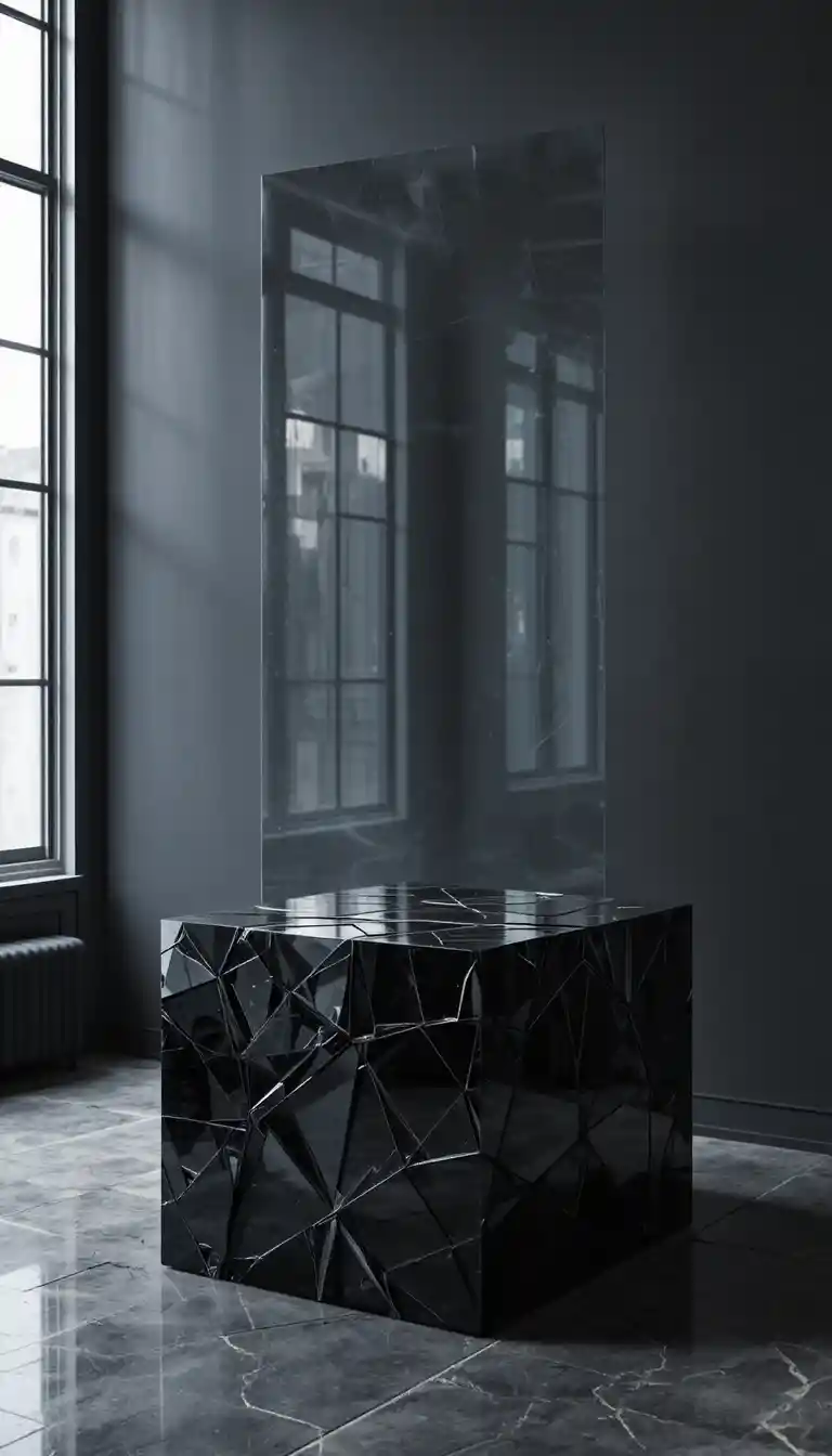 Dark geometric pedestal of fractured black mirror glass