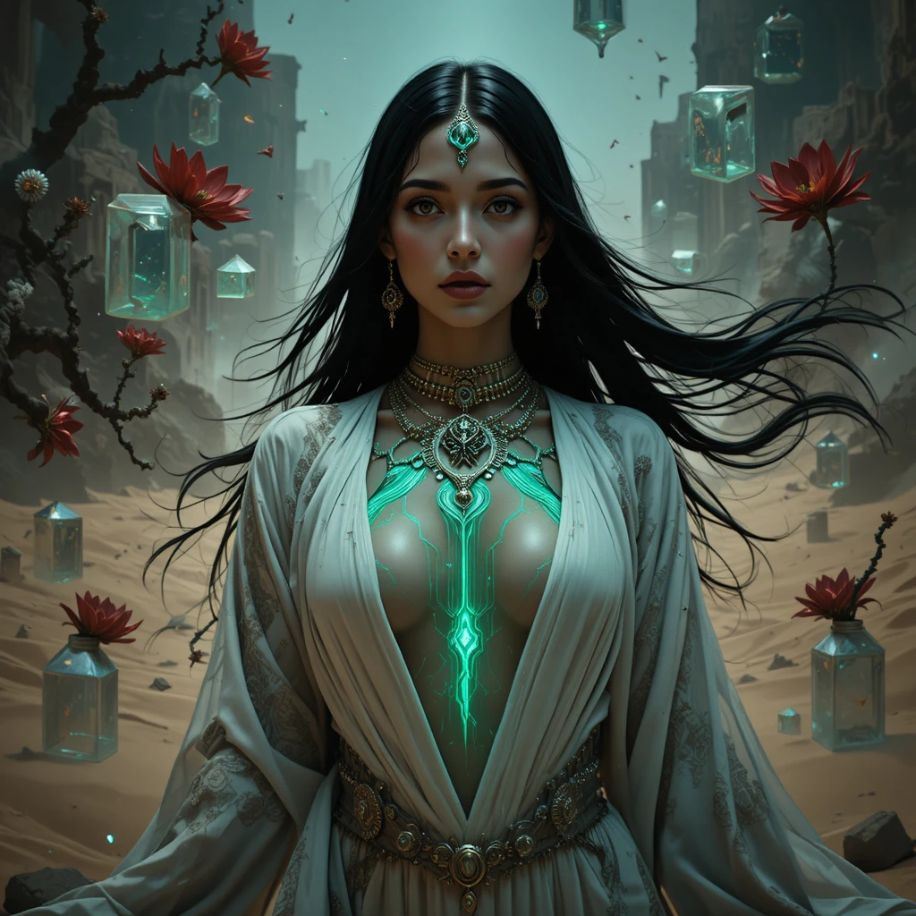 Mystical cyberpunk woman in a monochrome desert portrait