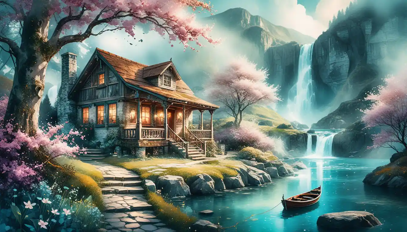 Watercolor cabin by a blossom tree beside misty waterfall