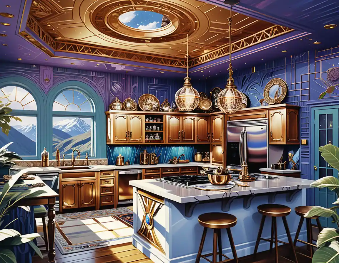 Colorful boho fantasy kitchen with dark wood and stone