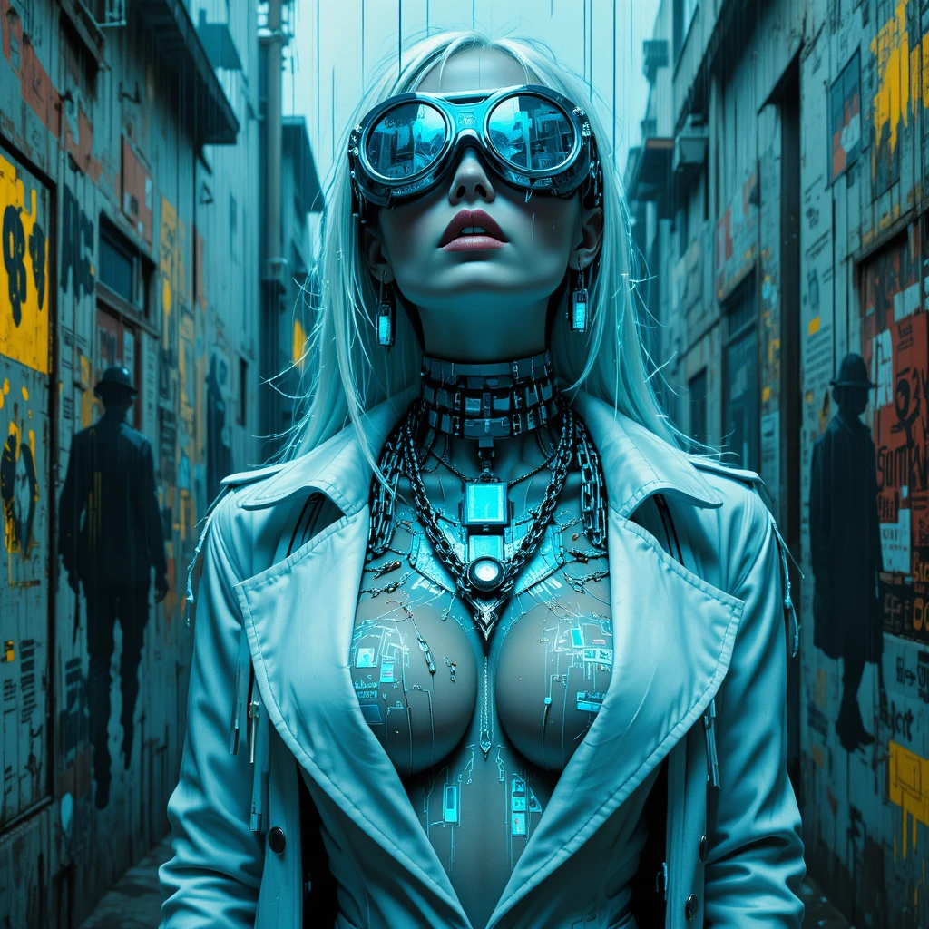 Cybernetic woman in glitch art noir street portrait