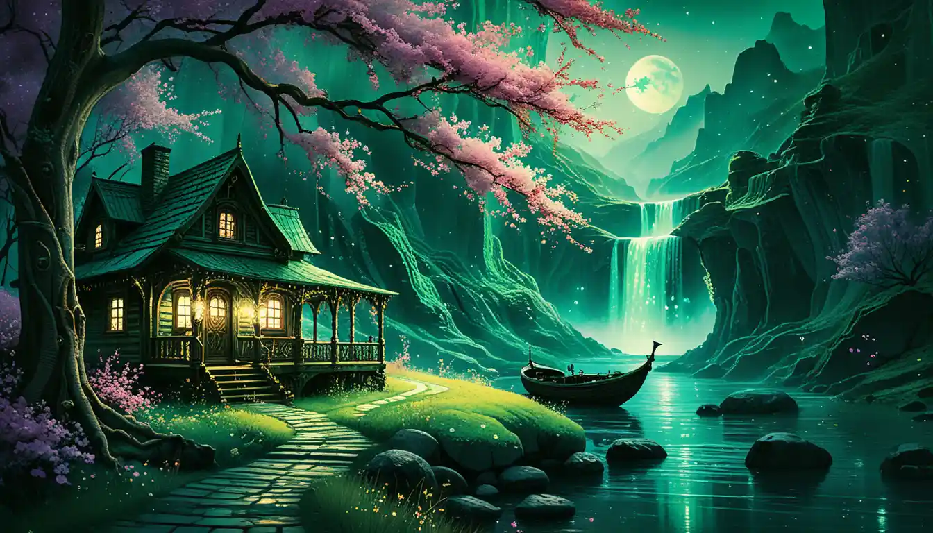 Watercolor cabin by a waterfall under a blossom tree