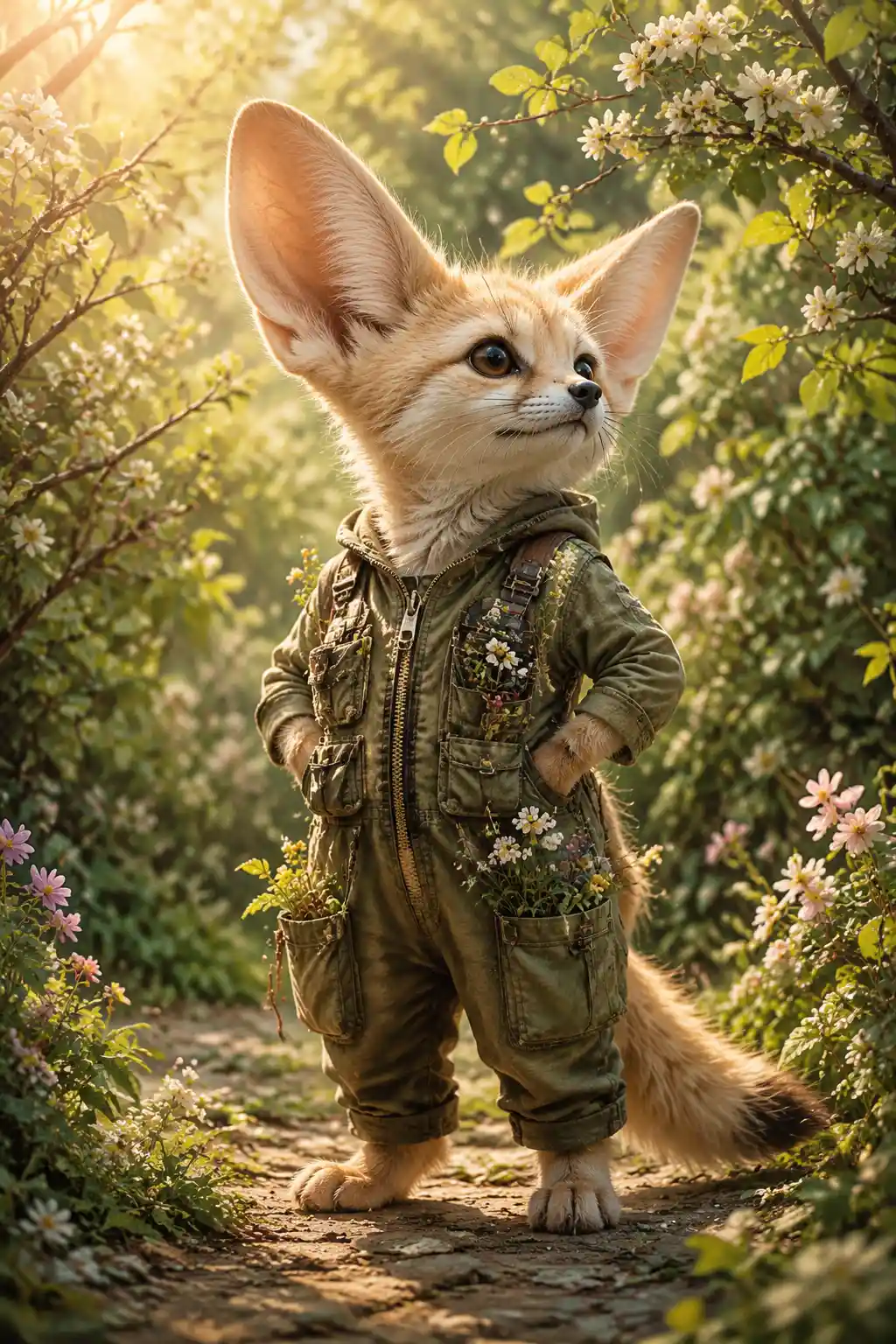 Cute anthropomorphic fennec fox exploring a spring forest