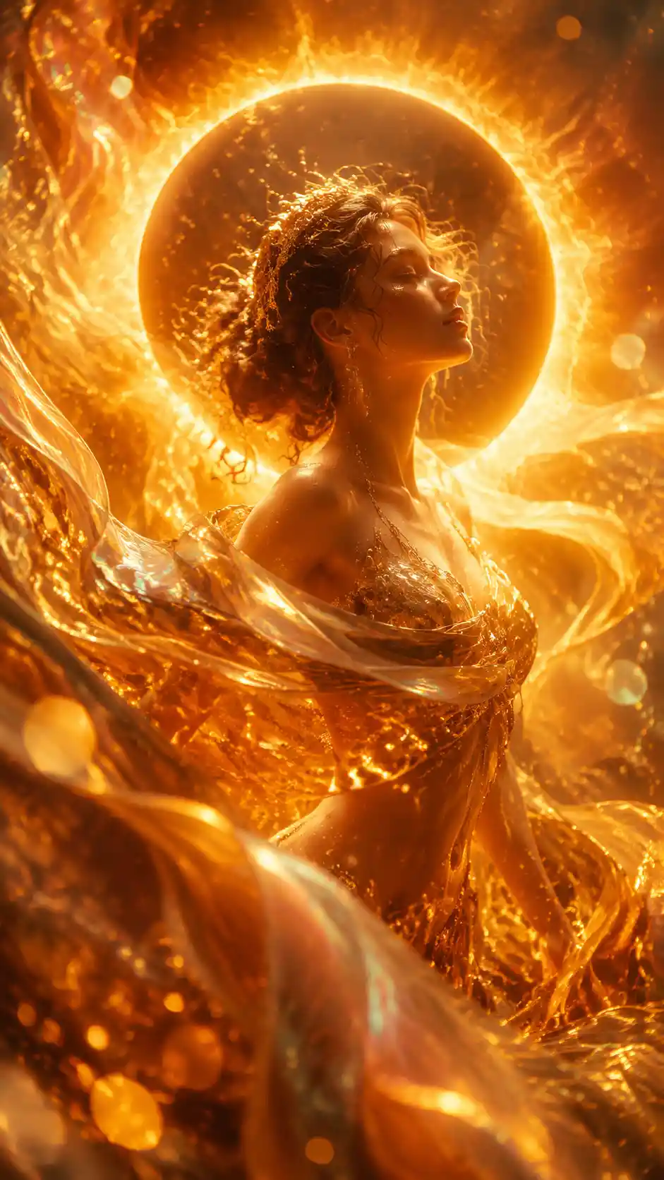Radiant woman emerging from golden light and flowing ribbons