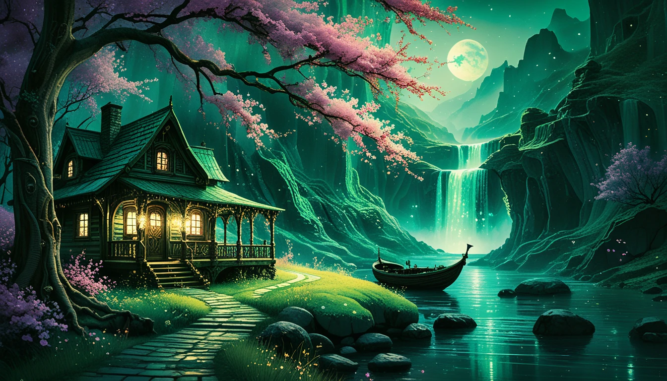 Watercolor cabin by a waterfall under a blossom tree