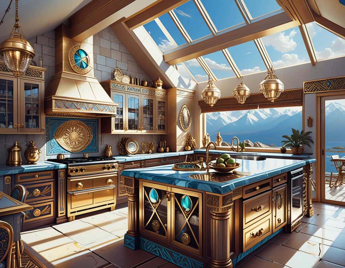 Colorful boho fantasy kitchen with dark wood and stone