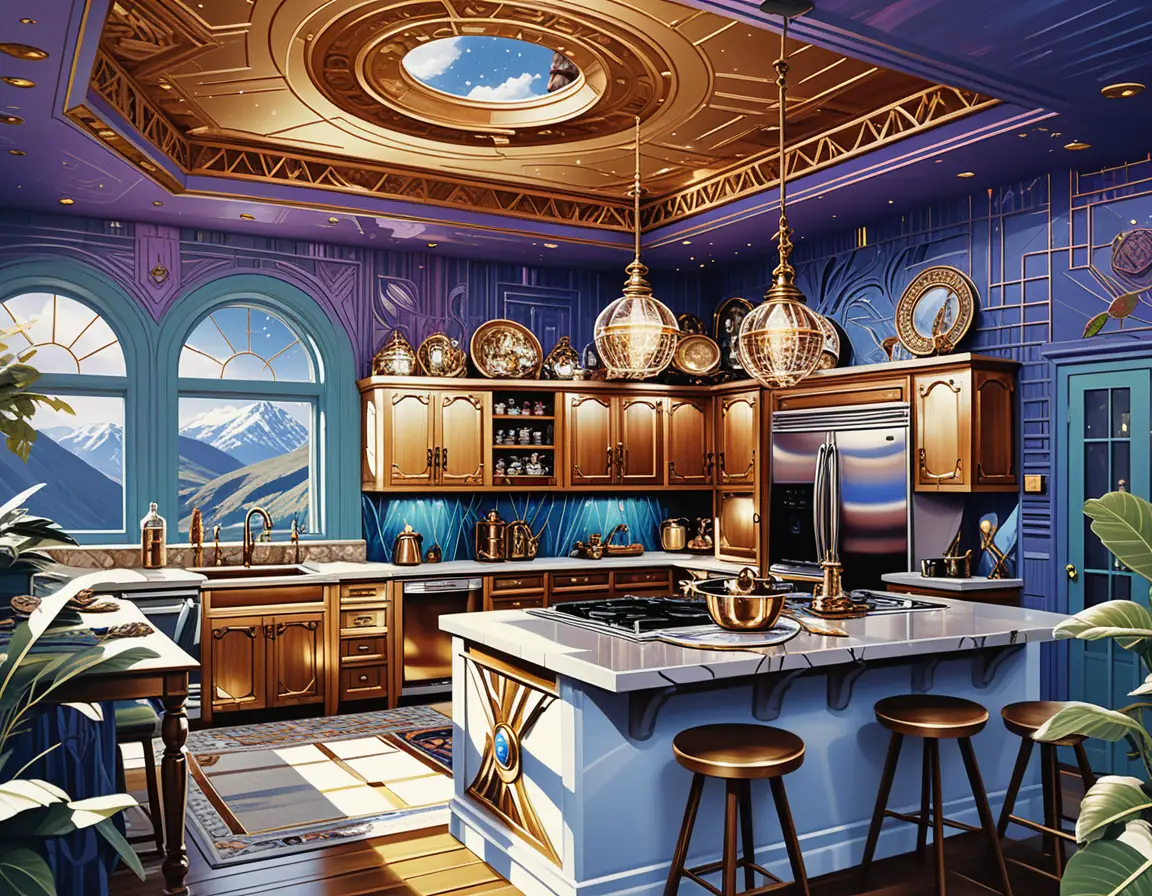 Colorful boho fantasy kitchen with dark wood and stone
