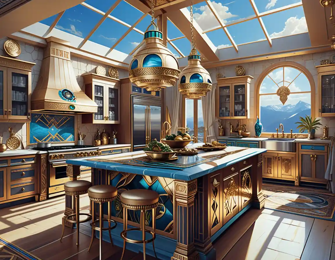 Colorful boho witchy kitchen with dark wood and stone