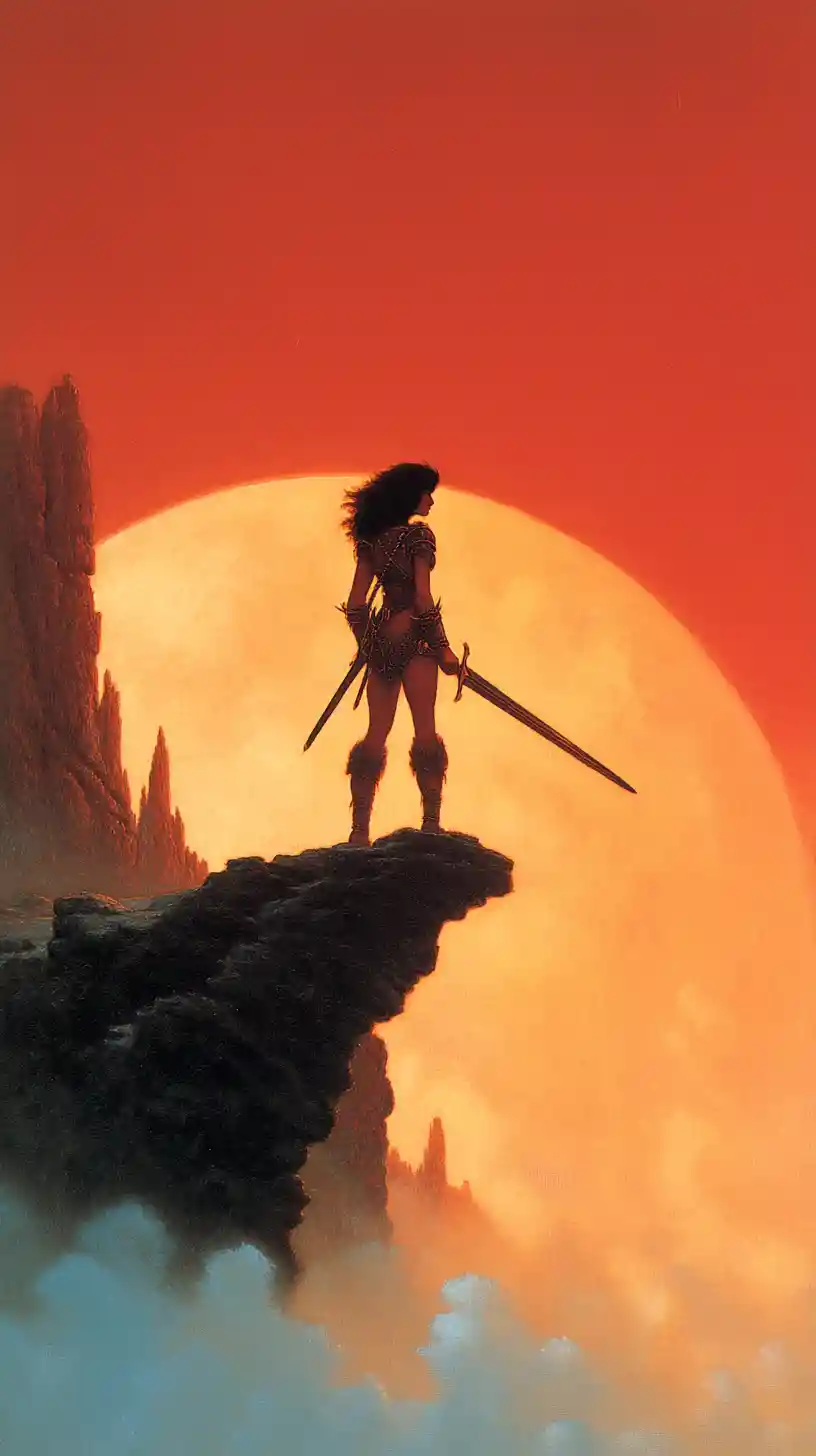 Fantasy warrior woman on a cliff at glowing dawn