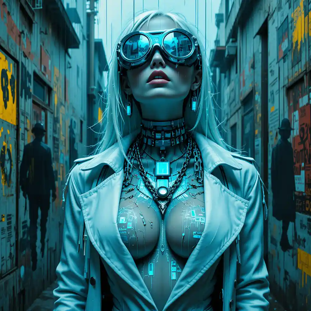 Donna cibernetica in ritratto di strada noir in glitch art